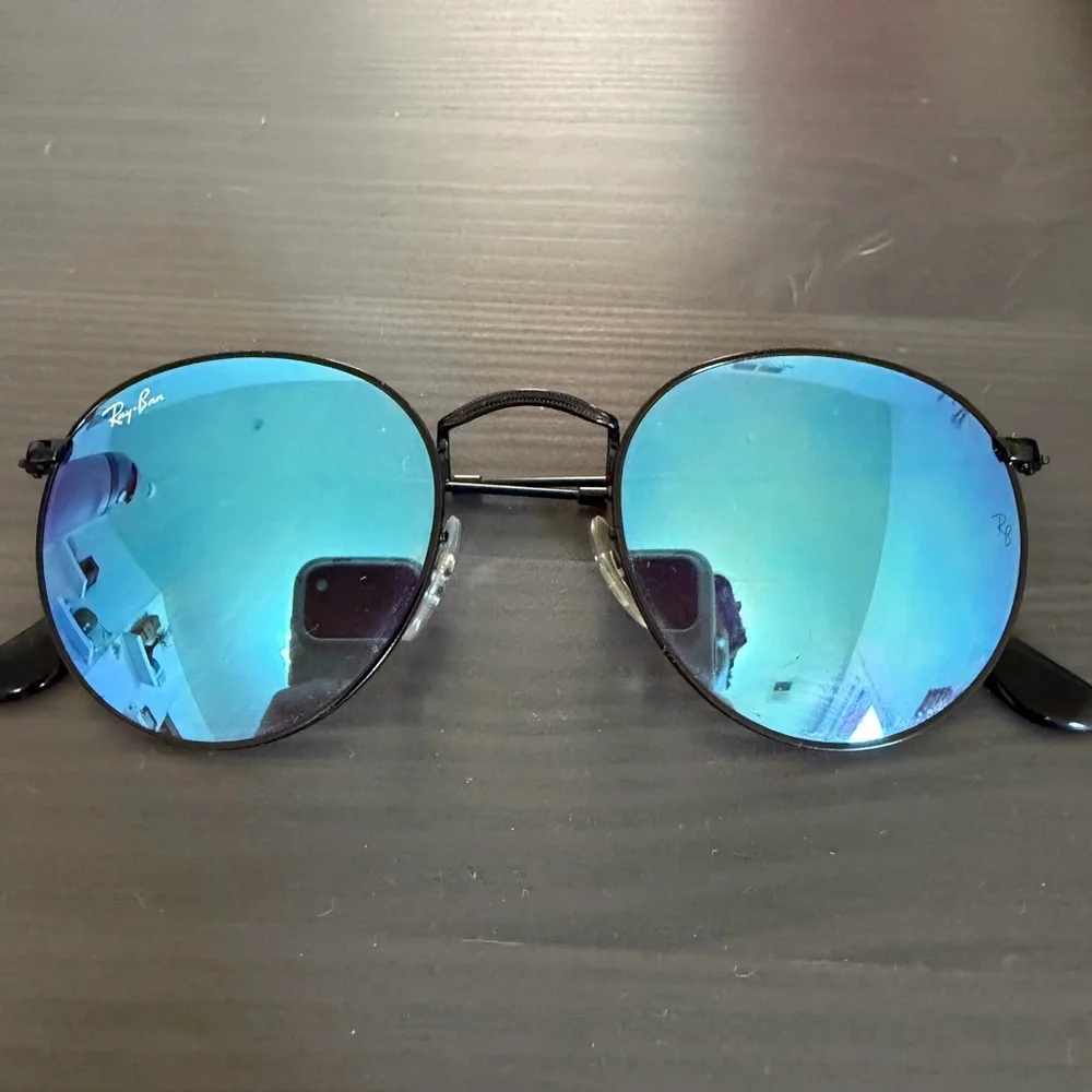 Ray-Ban Round Metal Sunglasses - Black Frame with Blue Mirror Lenses